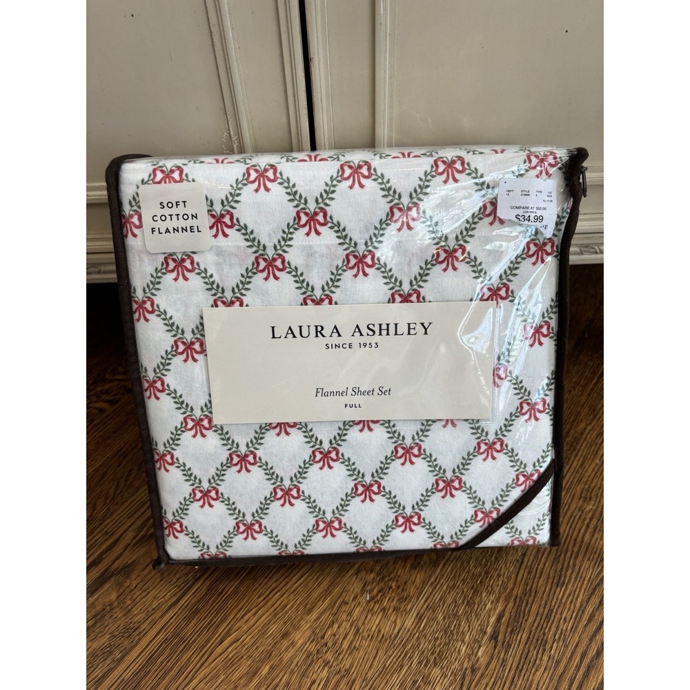 Laura‎ Ashley Full Cotton Flannel Sheet Set Red Bows Lattice Holiday BNIB